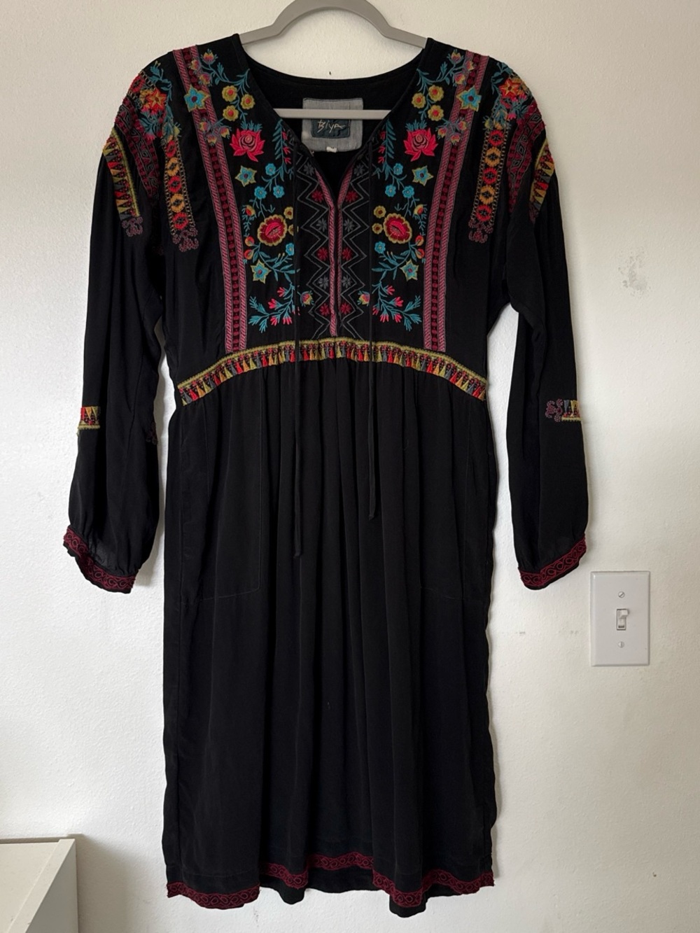 Black Biya Peasant Midi Dress with Embroidery